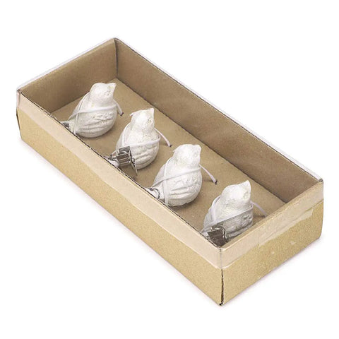 Boxed set of four heavy-duty cast iron bird tablecloth weights with stainless steel clips for windproof outdoor use.