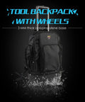 Heavy Duty Wheeled Tool Backpack With Rollable Handle Pro Grade Electrician Organizer 9-Compartment Main Front And Exterior Pockets All-In-One Tool Bag 1680D Polyester Black shown with wheels extended and water-resistant base