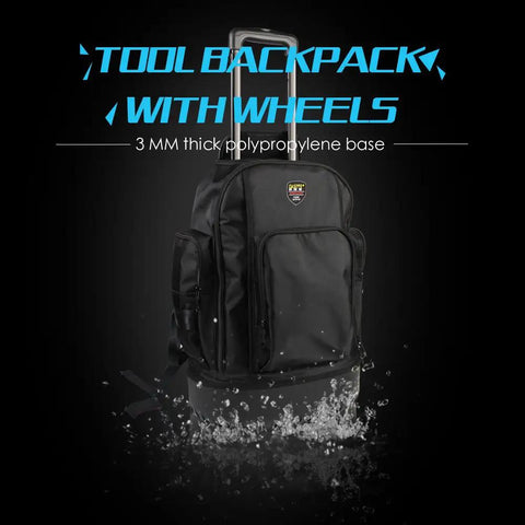 Heavy Duty Wheeled Tool Backpack With Rollable Handle Pro Grade Electrician Organizer 9-Compartment Main Front And Exterior Pockets All-In-One Tool Bag 1680D Polyester Black shown with wheels extended and water-resistant base