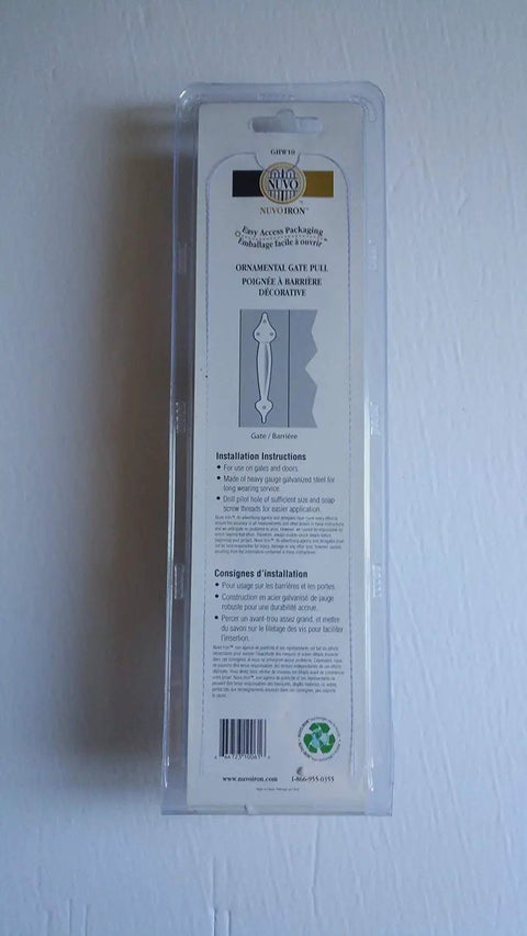 Packaging for 10 Inch Ornamental Gate Pull Handle in Black, showing installation instructions and product details.