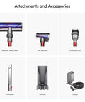 Cordless Vacuum Cleaner With Motorbar Cleaner Head For All Floors showing attachments, Motorbar head, hair tool, wall dock, charger