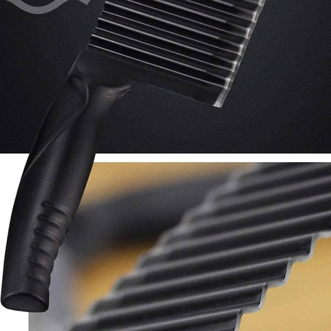 Crinkle potato cutter with black handle and stainless steel wavy blade (front close-up)