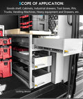 Heavy Duty Full Extension Drawer Slides With Double Row Steel Ball Bearings Built Tough For Daily Use Rock Solid Gliding Performance For Everyday Home Projects in a workspace with tool boxes.