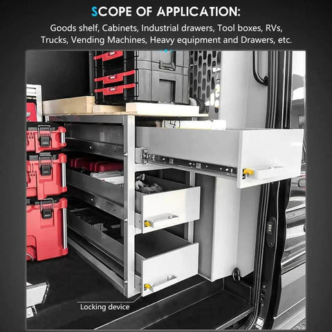 Heavy Duty Full Extension Drawer Slides With Double Row Steel Ball Bearings Built Tough For Daily Use Rock Solid Gliding Performance For Everyday Home Projects in a workspace with tool boxes.