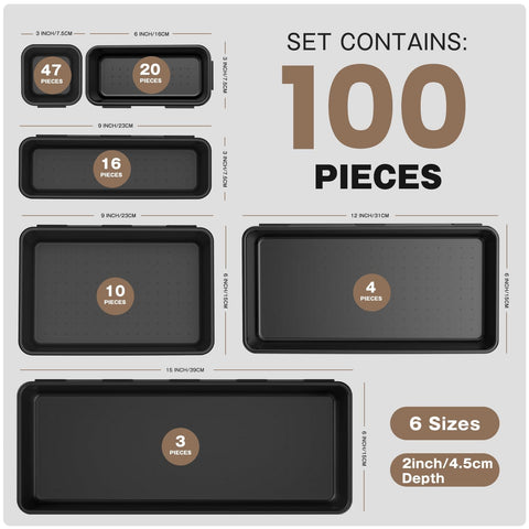 Six Sizes 100 Piece Tool Box Organizer Tray Set For Drawer And Garage Storage Black Plastic Divider System layout