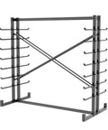 Rock Solid Double Sided Lumber And Pipe Storage Rack With Reinforced Cross Bracing holding two thousand pounds, view of storage rack with multiple levels.