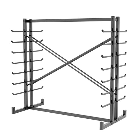 Rock Solid Double Sided Lumber And Pipe Storage Rack With Reinforced Cross Bracing holding two thousand pounds, view of storage rack with multiple levels.