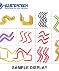 High Precision Automatic 2D Wire Cut Strip And Bend Workhorse With Smooth Six Wheel Drive Delivers Top Notch Efficiency At 800 To 1500 Pieces Per Hour For Heavy Duty Cables Up To 25 Square Millimeters sample display of 2D wire shapes in various colors.