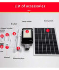 List of accessories for Badass Outdoor Solar Flood Light With Remote Control IP66 including lamp holder and solar panels.