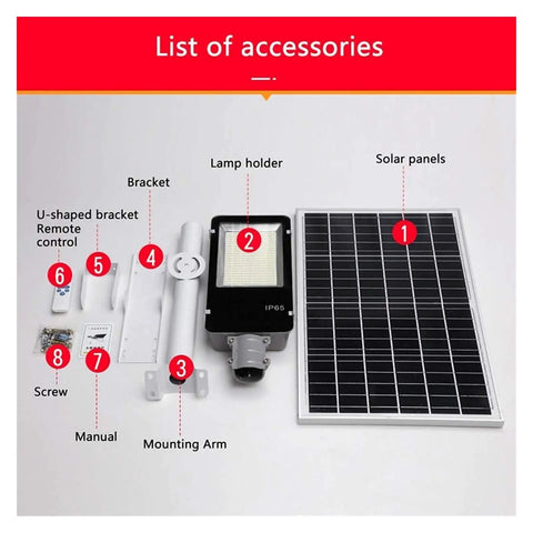 List of accessories for Badass Outdoor Solar Flood Light With Remote Control IP66 including lamp holder and solar panels.