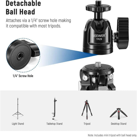 Detachable ball head of Go-To Mini Metal Table Tripod With 360 Degree Ball Head For Camera, Phone, And Action Cam with 1/4 inch screw hole.