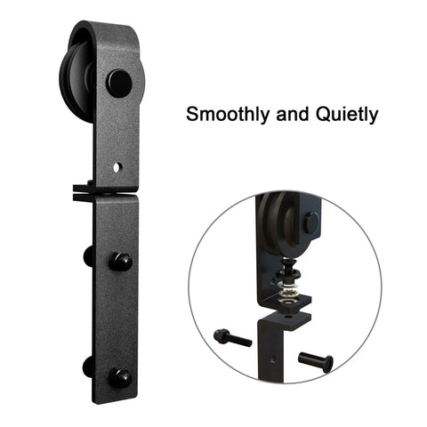 Bi Folding Sliding Barn Door Hardware Kit For Two Doors, black J shape roller component detail, easy install, heavy duty