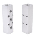 Three Way Five Port Aluminum Air Manifold With One Half Inch NPT Inlet And Four One Quarter Inch NPT Outlets For Pneumatic Tools Heavy Duty Air Distribution -40F To 212F Temperature Range, showing two aluminum blocks with multiple threaded ports.