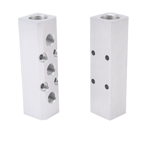 Three Way Five Port Aluminum Air Manifold With One Half Inch NPT Inlet And Four One Quarter Inch NPT Outlets For Pneumatic Tools Heavy Duty Air Distribution -40F To 212F Temperature Range, showing two aluminum blocks with multiple threaded ports.