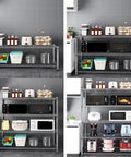 4 Tier Stainless Steel Storage Rack Heavy Duty Utility Shelf With Sweet Rolling Casters And No Hassle Adjustable Height For Kitchen Garage Office Space Saving Wire Shelving Rack showcasing kitchen appliances and storage baskets.