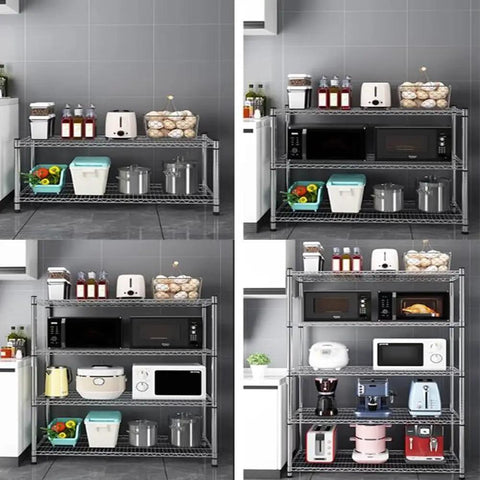 4 Tier Stainless Steel Storage Rack Heavy Duty Utility Shelf With Sweet Rolling Casters And No Hassle Adjustable Height For Kitchen Garage Office Space Saving Wire Shelving Rack showcasing kitchen appliances and storage baskets.