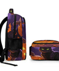 Side view of Halloween Black Cat Pumpkin Print Unisex Backpack With Large Capacity For School Travel Or Everyday Use Durable Polyester Comfortable Straps Smooth Zipper Spooky Cute Daypack.