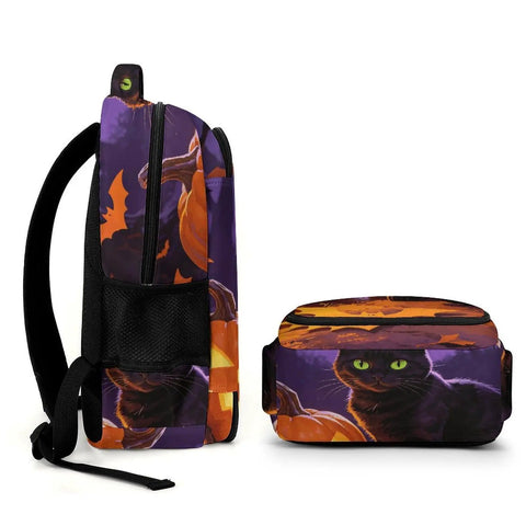 Side view of Halloween Black Cat Pumpkin Print Unisex Backpack With Large Capacity For School Travel Or Everyday Use Durable Polyester Comfortable Straps Smooth Zipper Spooky Cute Daypack.