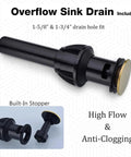 Overflow sink drain included with Matte Black 4 Inch Centerset Bathroom Faucet, high flow design with anti-clogging stop