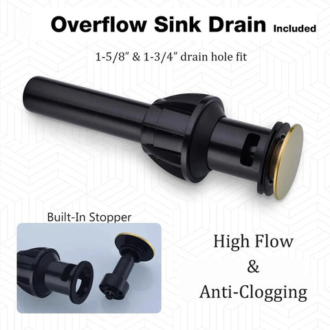Overflow sink drain included with Matte Black 4 Inch Centerset Bathroom Faucet, high flow design with anti-clogging stop