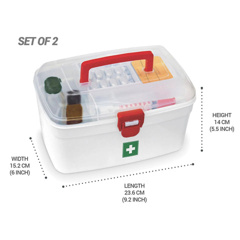Front view of white Milton first aid box with transparent lid, red latch, and green cross; set of 2