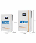 Two lithium batteries, 5 KWh and 10 KWh, with display screens and dimensions for solar power backup. Built Tough 51.2V 100Ah LiFePO4 Lithium Battery Featuring Premium Prismatic Cells And Massive 5120Wh Output With CAN And RS485 Interfaces To Keep Your Off Grid Setup Cranking Day After Day For Solar RV Marine Home Backup Power.