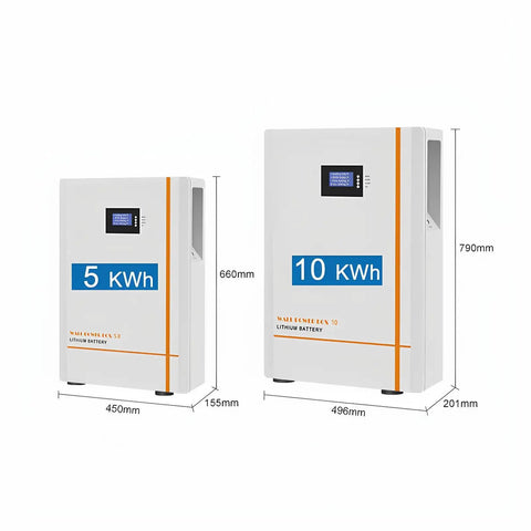 Two lithium batteries, 5 KWh and 10 KWh, with display screens and dimensions for solar power backup. Built Tough 51.2V 100Ah LiFePO4 Lithium Battery Featuring Premium Prismatic Cells And Massive 5120Wh Output With CAN And RS485 Interfaces To Keep Your Off Grid Setup Cranking Day After Day For Solar RV Marine Home Backup Power.