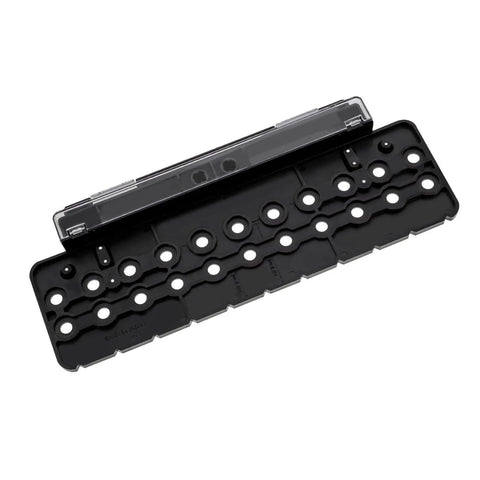 Cabinet Shelf Pin Jig With Quarter Inch Drill Guides For Straight Holes And Drilling Template, ABS material, top view.