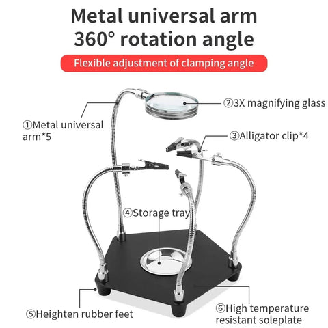 Helping Hands Soldering Station With 3X Magnifier Third Hand PCB Holder showing metal arms and magnifying glass.