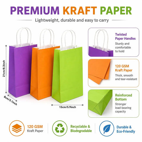 15 Pcs Gift Bags With Handles Bulk Kraft Paper Bags For Gift Wrapping Party Favors And Small Gifts Perfect For Birthdays Valentines Christmas Craft Projects And Everyday Use, showing purple, orange, and green bags with 120GSM paper details.