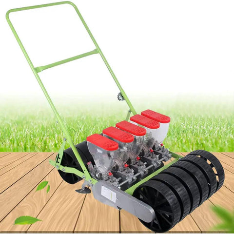 Walk Behind Garden Seeder With Five Row Capacity Metal Precision Seed Planter for terraces, with black wheels and red lids.