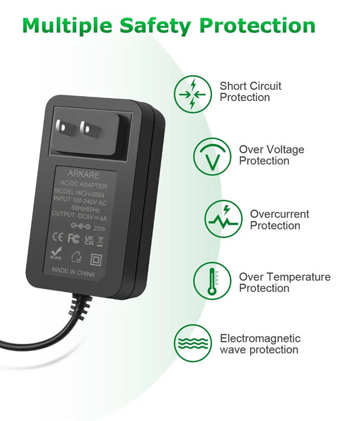 5V 4A Power Supply Adapter 20W AC DC Charger 100V 240V Input To DC 5V 4A Output with safety features illustration