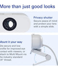 Pro 1080p Webcam Featuring Slick 60Fps Video And Secure Privacy Shutter For Instant Plug And Play Action On Laptops And Desktops shows privacy shutter and mount options.