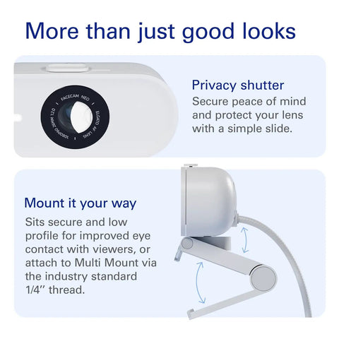 Pro 1080p Webcam Featuring Slick 60Fps Video And Secure Privacy Shutter For Instant Plug And Play Action On Laptops And Desktops shows privacy shutter and mount options.