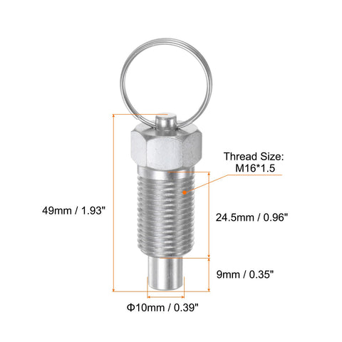 2 Pack M16 Spring Plunger Pins M16 X 1.5 Thread 0.96 Inch Body 10 Millimeter Pin Flat Head High Carbon Steel with dimensions.