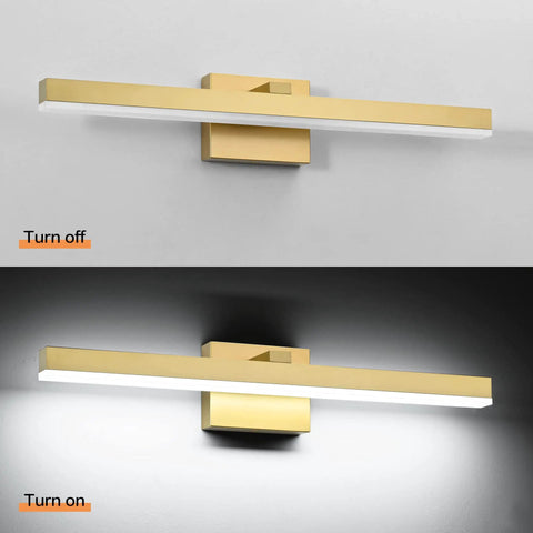 24 Inch LED Bath room Vanity Light Bar In Modern Gold Finish, shown turned off and on, white acrylic shade and metal back plate