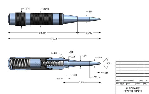 Technical drawing of Workhorse Automatic Center Punch Heavy Duty With Adjustable Stroke Five And One Quarter Inch Length Eleven Sixteenths Inch Diameter Knurled Grip For Metal Wood Plastic Limited Edition, showing dimensions and internal mechanisms.