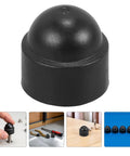Close-up of M8 Plastic Hexagonal Dome Nut Caps Black Screw Protectors with installation and usage examples in a 50 Pack.