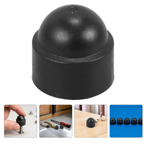 Close-up of M8 Plastic Hexagonal Dome Nut Caps Black Screw Protectors with installation and usage examples in a 50 Pack.