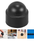 M8 Black Plastic Hexagonal Dome Nut Caps 50 Pack Impact Resistant Protective Covers for Hex Nuts Ideal for Equipment Maintenance and Automotive Use Outdoor Machinery Shield and Finish displayed on table