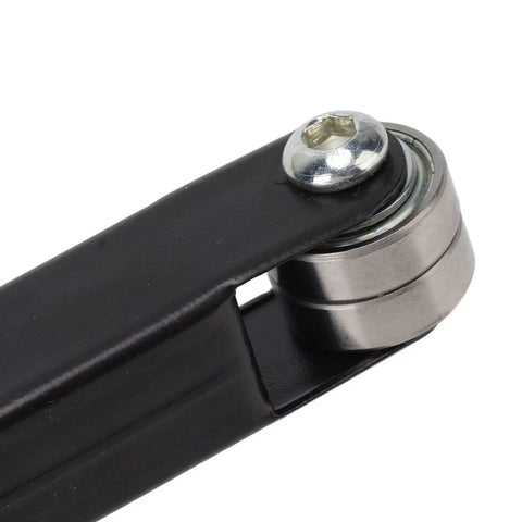 Detail of Badass Heavy Duty Belt Sander Attachment For 100 And 125 Mm Angle Grinders with steel roller and metal body.