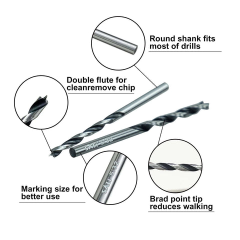 Sali 13-pc brad-point wood drill bit set, carbon steel, extra-long 11in bits, round shank, 5/32in marked
