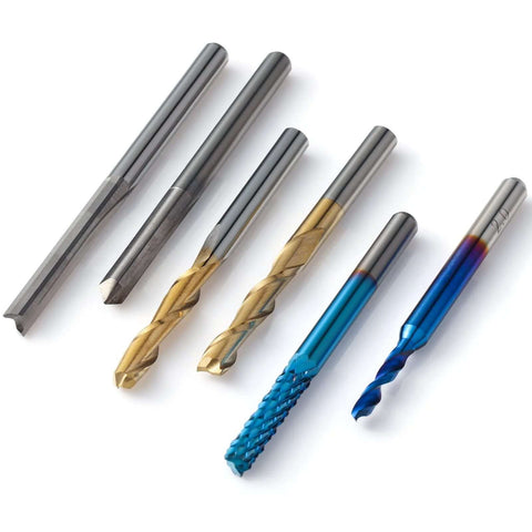 Genmitsu 50-piece tungsten carbide end mill set, 1/8" shank, nano blue coating, PCB/V-Groove, ball nose and straight bits