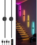 Battery Operated Wall Sconce Set of 2, 3000K & 9RGB Wireless Wall Light with colorful RGB lighting in modern staircase.
