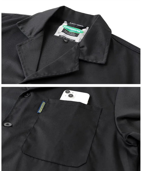Close-up of Men's Mechanic Lab Coat For Workshop And Woodworking, Long Black Shop Coat XL, pocket detail with phone