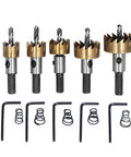 Top Rated 5 Piece Hole Saw Bit Kit Made With High Carbon Steel And Ti Coating For Drilling Clean Holes In Wood Steel Aluminum Plastic Plus Hex Wrench And Spring Included For All Your DIY Projects, 5 hole saw bits with wrench and springs