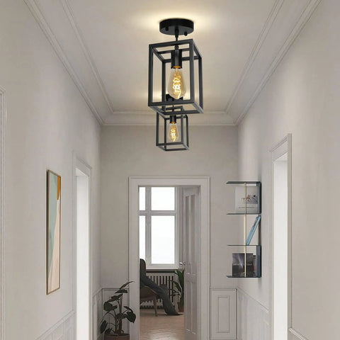 Dope Black Industrial Pendant Light With Adjustable Cord, Farmhouse Style 1 Light Chandelier in a hallway setting