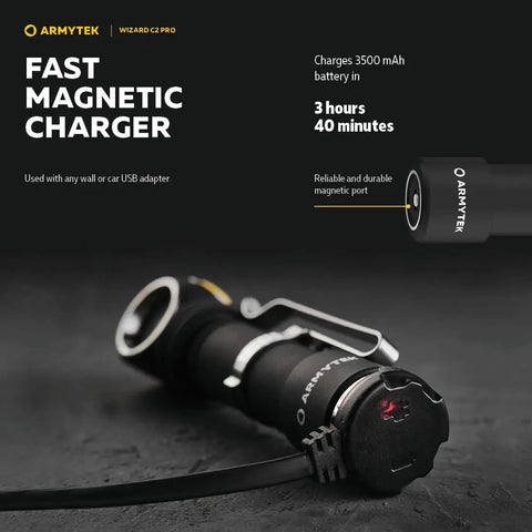 Front view of Wizard C2 Pro V4 Warm Light LED Headlamp Flashlight 2330 Lumens with magnetic charger on dark background