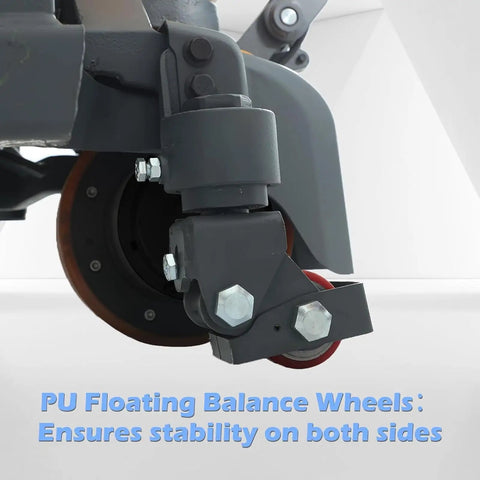 Close-up of Apollo 4400Lb Electric Pallet Jack With Lithium Battery floating balance wheels for stability in warehouses.