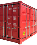 Red steel shipping container end doors with vertical locking bars (front view)